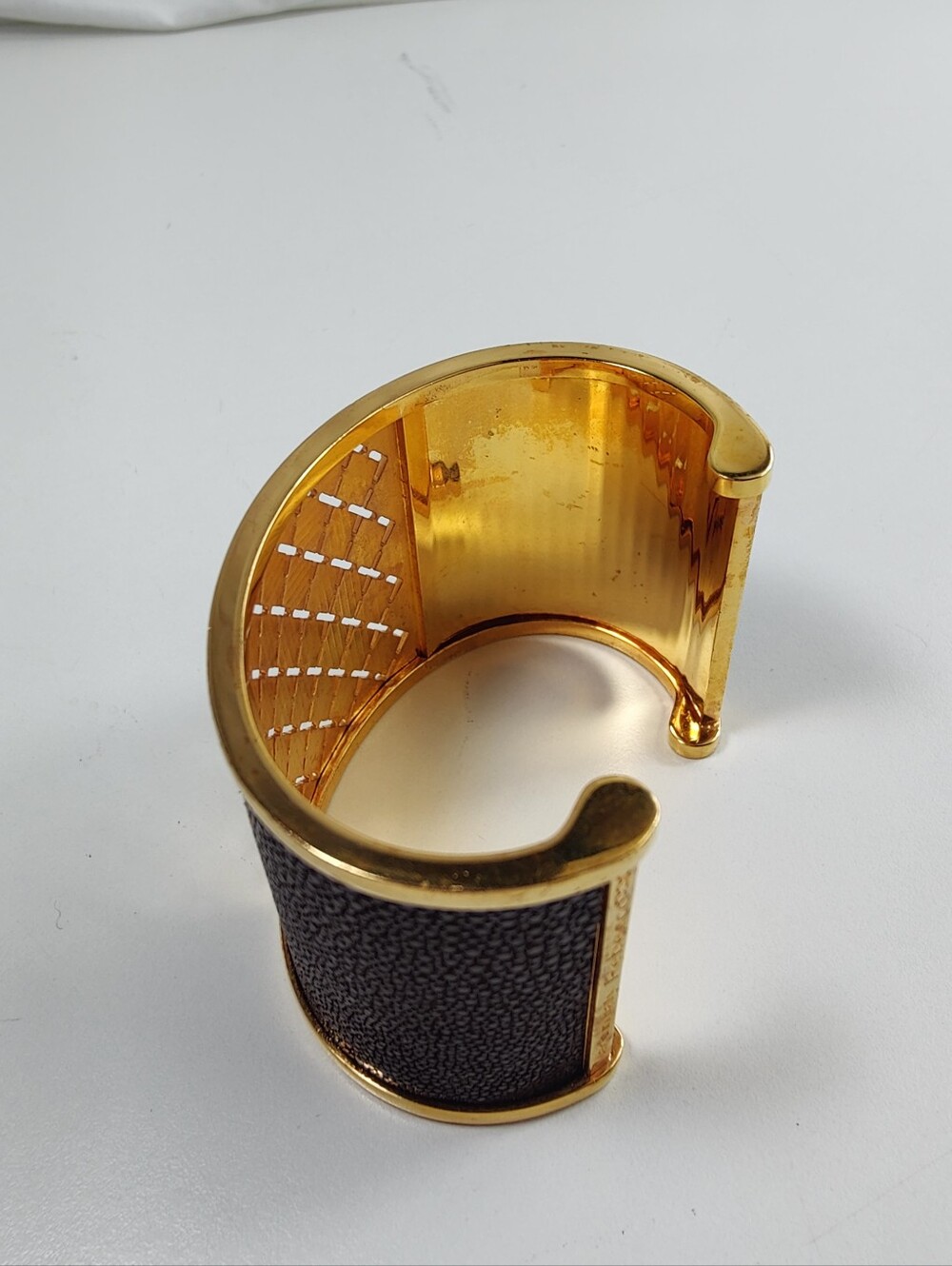 Rebecca Italy Wide Gold Tone Brown Textured Cuff Bracelet Designer Statement - Picture 9 of 14
